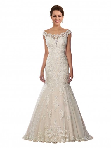 Marfil & Champán Sirena Hombros Descubiertos Cola capilla Encaje Boho Vestidos de novia Fábrica