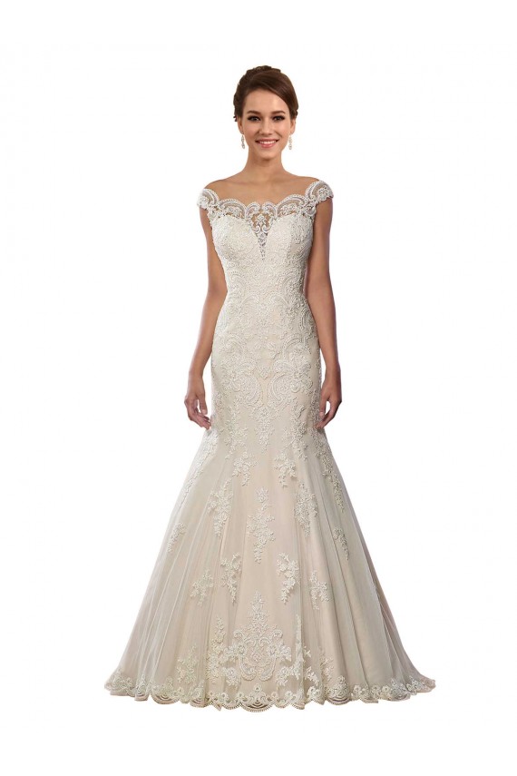 Marfil & Champán Sirena Hombros Descubiertos Cola capilla Encaje Boho Vestidos de novia Fábrica