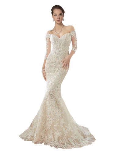 Marfil & Champán Sirena Hombros Descubiertos Cola capilla Tul Encaje Vestidos de novia Fábrica