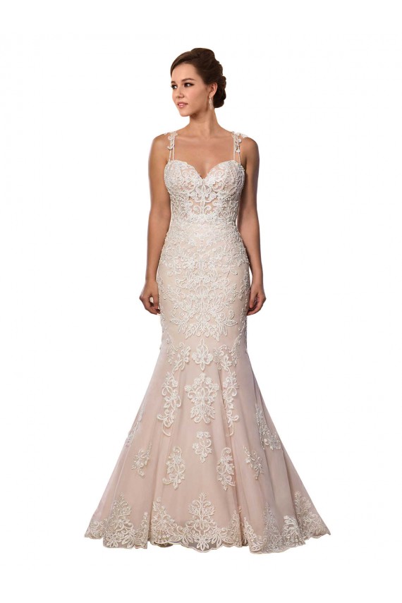 Marfil & Champán Sirena Tirantes espagueti Cola capilla Encaje Boho Vestidos de novia Fábrica
