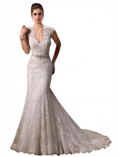 Marfil Sirena Halter Cuello en V Cola capilla Encaje Vestidos de novia Fábrica