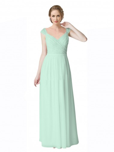 Menta Verde línea A Cuello en V Gasa Encaje Largo Vestidos de dama de honor Fábrica