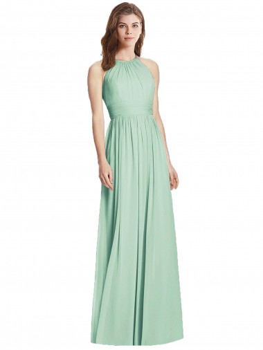 Menta Verde línea A Halter Gasa Largo Vestidos de dama de honor Fábrica