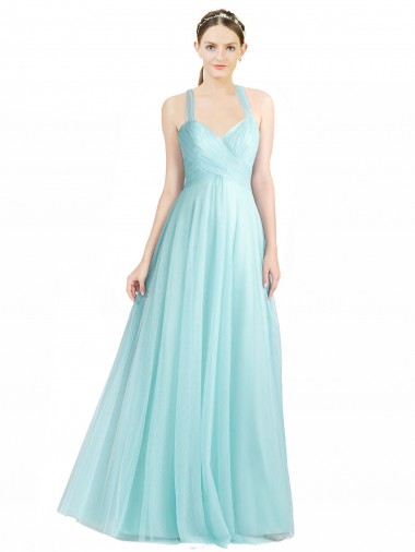 Menta Verde línea A Tirantes espagueti Tul Largo Vestidos de dama de honor Fábrica