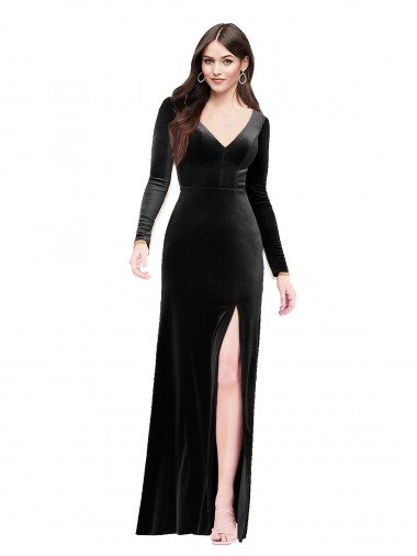 Negro Columna Cuello en V Terciopelo Elástico Largo Formales Vestidos de dama de honor / Vestidos de fiesta Fábrica
