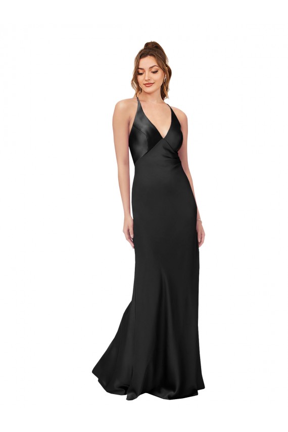 Negro Cubierta Cuello en V Satén sedoso Largo Formales Vestidos de dama de honor / Vestidos de fiesta Fábrica