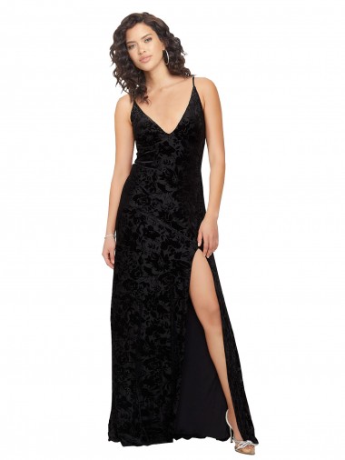 Negro Cubierta Cuello en V Terciopelo floral Terciopelo Elástico Largo Vestidos de dama de honor Fábrica