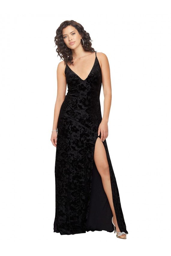 Negro Cubierta Cuello en V Terciopelo floral Terciopelo Elástico Largo Vestidos de dama de honor Fábrica