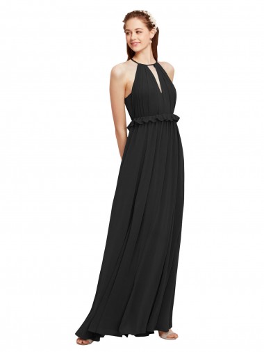 Negro Cubierta Halter Gasa Largo Vestidos de dama de honor Fábrica