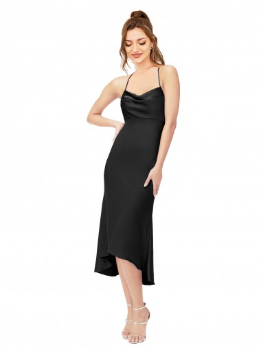 Negro Cubierta Midi Satén sedoso Corto Asimétrico Formales Vestidos de dama de honor / Vestidos de fiesta / Vestidos de cóctel Fábrica