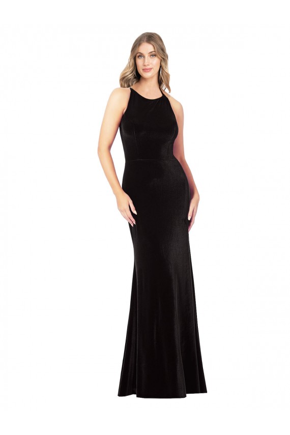 Negro Cubierta Tirantes espagueti Cuello joya Terciopelo Elástico Largo Formales Vestidos de dama de honor / Vestidos de fiesta Fábrica