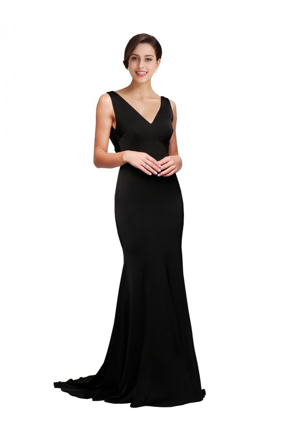Negro línea A Cuello en V Barrer tren Satén sedoso Largo Formales Vestidos de dama de honor / Vestidos de fiesta Fábrica