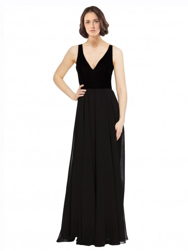 Negro línea A Cuello en V Gasa Terciopelo Largo Vestidos de dama de honor / Vestidos de fiesta Fábrica