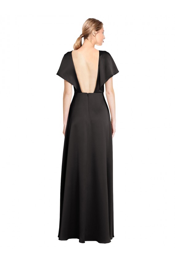 Negro línea A Cuello en V Satén elástico Largo Formales Vestidos de dama de honor / Vestidos de fiesta Fábrica