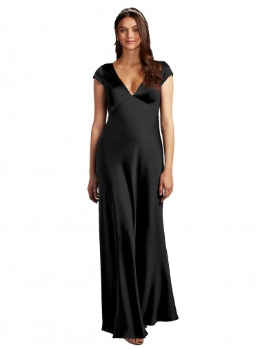 Negro línea A Cuello en V Satén elástico Largo Formales Vestidos de dama de honor / Vestidos de fiesta Fábrica