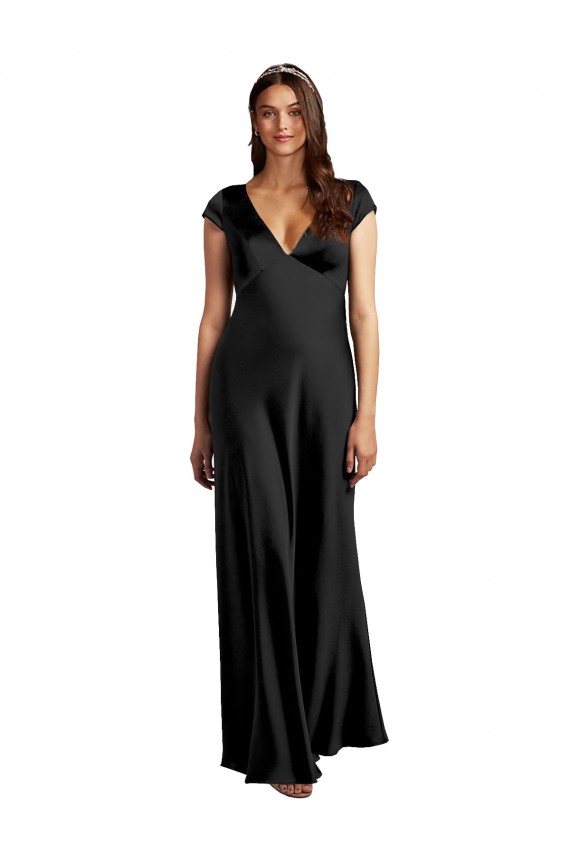 Negro línea A Cuello en V Satén elástico Largo Formales Vestidos de dama de honor / Vestidos de fiesta Fábrica