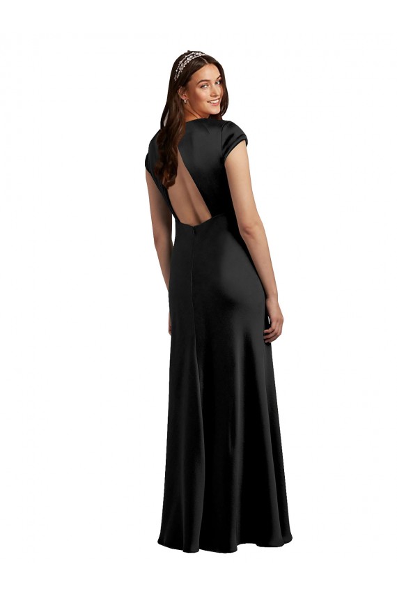 Negro línea A Cuello en V Satén elástico Largo Formales Vestidos de dama de honor / Vestidos de fiesta Fábrica