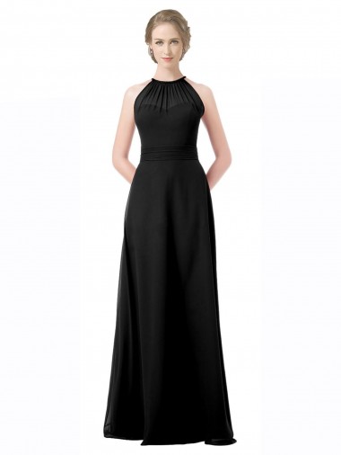 Negro línea A Halter Cuello de Corazón Gasa Largo Vestidos de dama de honor Fábrica