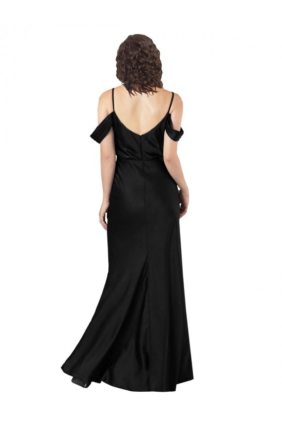 Negro línea A Hombros Descubiertos Satén sedoso Largo Formales Vestidos de dama de honor / Vestidos de fiesta Fábrica