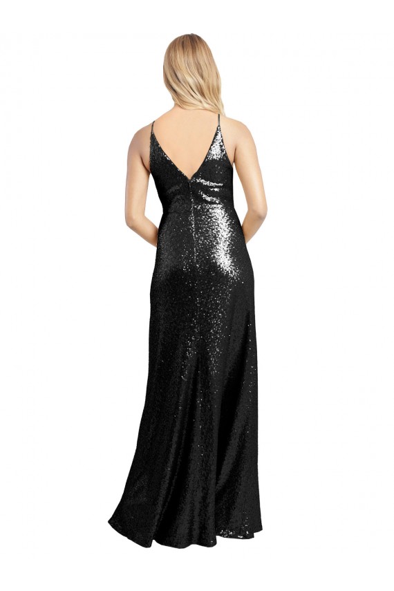 Negro línea A Tirantes espagueti Cuello en V Lentejuela Largo Formales Vestidos de dama de honor / Vestidos de fiesta Fábrica