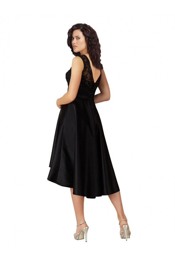 Negro línea A Ilusión Midi Satén Encaje Corto Asimétrico Vestidos de dama de honor / Vestidos de cóctel / Vestidos para homecoming Fábrica