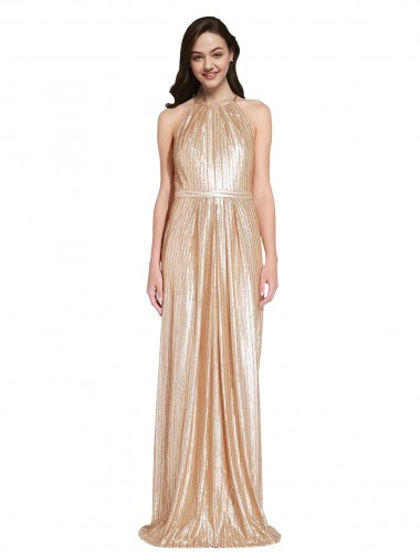 Oro Cubierta Halter Cuello Alto Lentejuela Largo Formales Vestidos de dama de honor / Vestidos de fiesta Fábrica