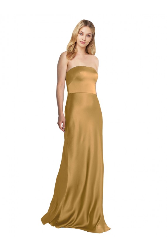 Oro línea A Sin tirantes Satén elástico Largo Formales Vestidos de dama de honor / Vestidos de fiesta Fábrica