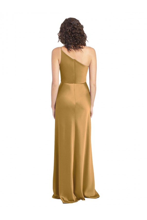 Oro línea A Un Hombre Satén elástico Largo Formales Vestidos de dama de honor / Vestidos de fiesta Fábrica