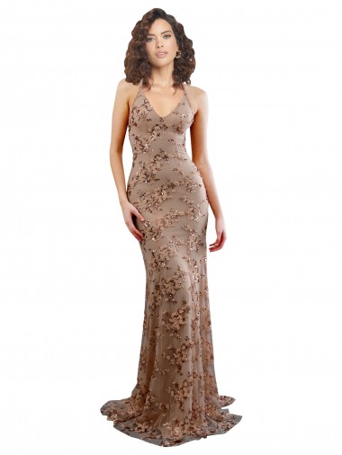 Oro rosa Sirena Cuello en V Cuello Alto Crepé Elástico Lentejuela Tul Largo Formales Vestidos de dama de honor / Vestidos de fiesta Fábrica