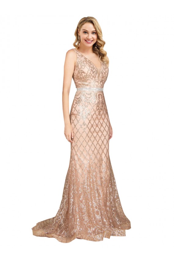 Oro rosa Sirena Cuello en V Lentejuela Lentejuelas brillantes Largo Formales Vestidos de dama de honor / Vestidos de fiesta Fábrica