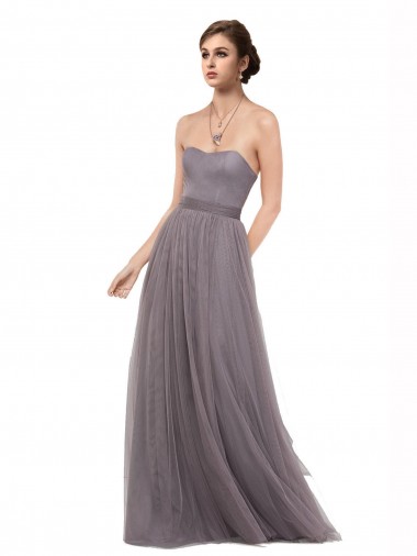 Pewter línea A Tirantes espagueti Tul Largo Vestidos de dama de honor Fábrica