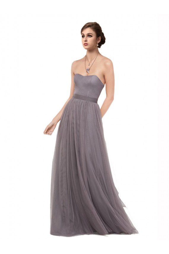 Pewter línea A Tirantes espagueti Tul Largo Vestidos de dama de honor Fábrica
