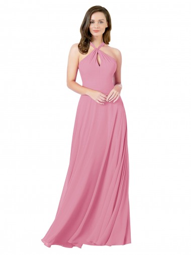 Piel rosa línea A Halter Gasa Largo Vestidos de dama de honor / Vestidos de fiesta Fábrica