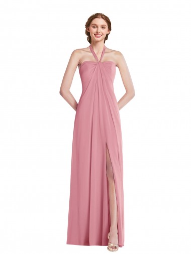 Piel rosa línea A Halter Gasa Largo Vestidos de dama de honor Fábrica