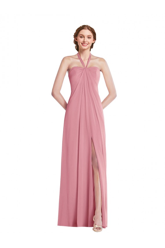 Piel rosa línea A Halter Gasa Largo Vestidos de dama de honor Fábrica