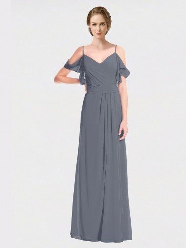 Pizarra gris línea A Hombros Descubiertos Cuello en V Gasa Largo Vestidos de dama de honor Fábrica