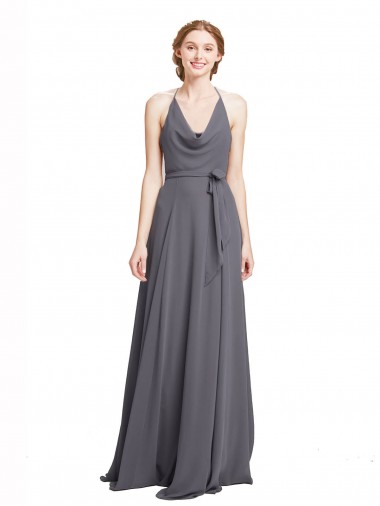 Pizarra gris línea A Tirantes espagueti Halter Gasa Largo Vestidos de dama de honor Fábrica