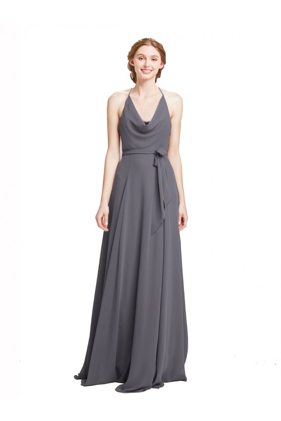 Pizarra gris línea A Tirantes espagueti Halter Gasa Largo Vestidos de dama de honor Fábrica