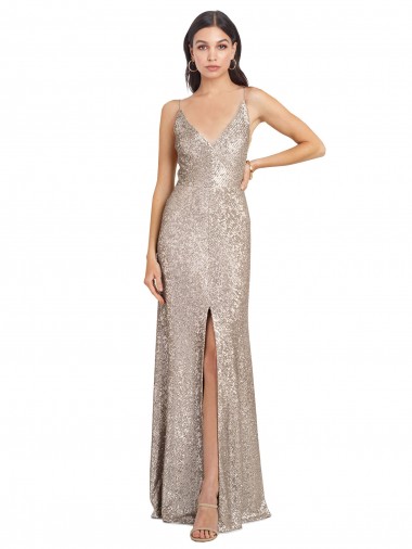 Plata Cubierta Cuello en V Cuello Alto Lentejuela Lentejuelas brillantes Largo Formales Vestidos de dama de honor / Vestidos de fiesta Fábrica