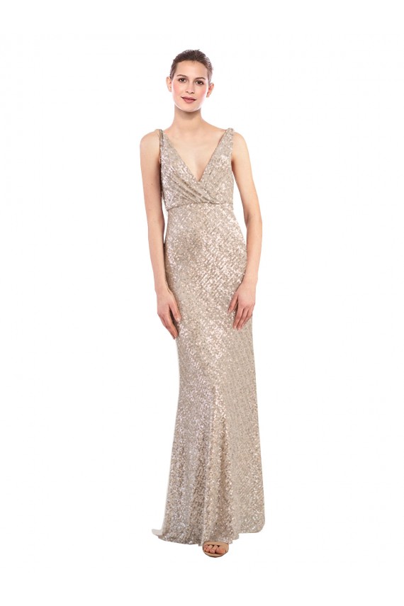 Plata Cubierta Cuello en V Lentejuela Lentejuelas brillantes Largo Formales Vestidos de dama de honor / Vestidos de fiesta Fábrica