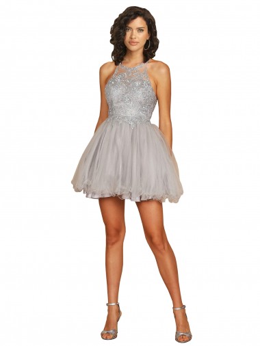 Plata línea A Halter Corto Tul Corto Vestidos de dama de honor / Vestidos de cóctel / Vestidos para homecoming Fábrica