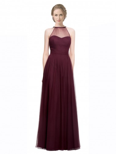 Rojo 74 línea A Halter Ilusión Tul Largo Vestidos de dama de honor Fábrica
