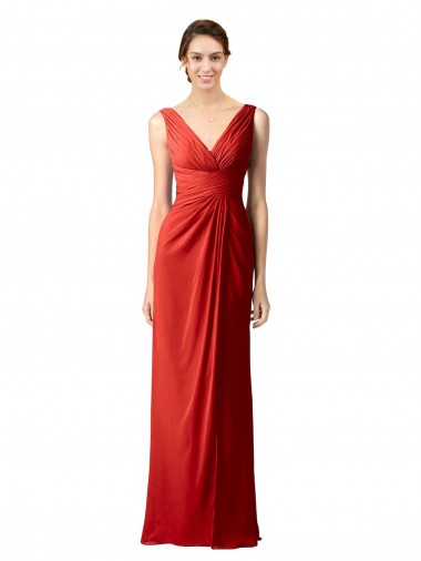 Rojo Cubierta Cuello en V Gasa Largo Vestidos de dama de honor Fábrica