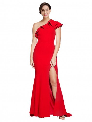 Rojo Cubierta Un Hombre Barrer tren Crepé Elástico Largo Vestidos de dama de honor / Vestidos de fiesta Fábrica