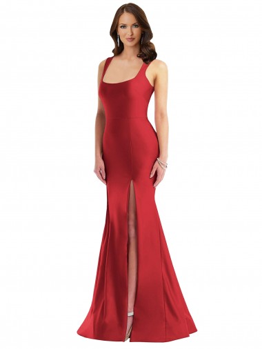 Rojo Sirena Cuadrado Satén sedoso Largo Formales Vestidos de dama de honor / Vestidos de fiesta Fábrica