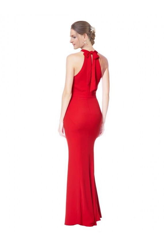 Rojo Sirena Halter Cuello Alto Crepé Elástico Largo Formales Vestidos de dama de honor / Vestidos de fiesta Fábrica