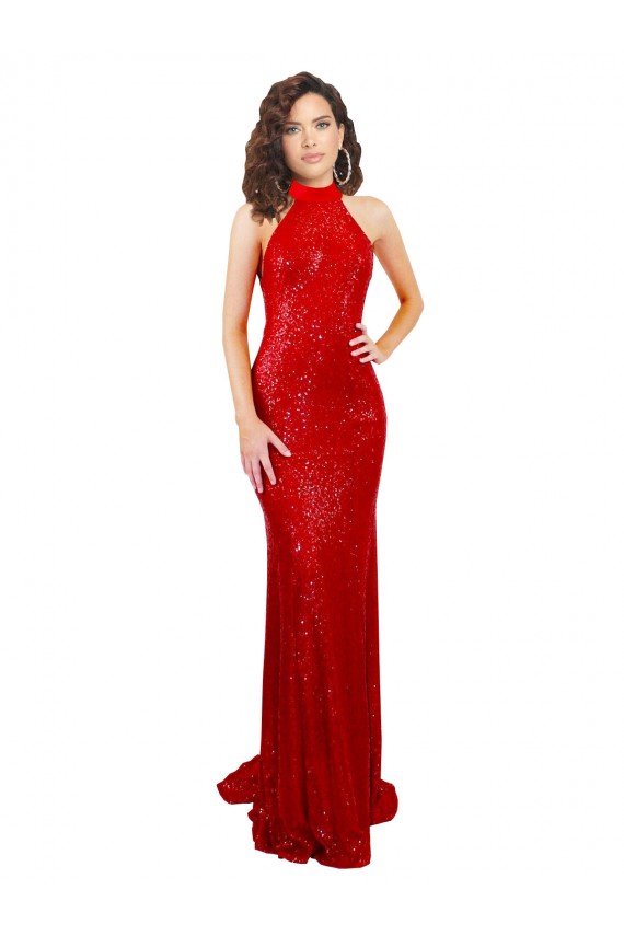 Rojo Sirena Halter Cuello Alto Lentejuela Largo Formales Vestidos de dama de honor / Vestidos de fiesta Fábrica