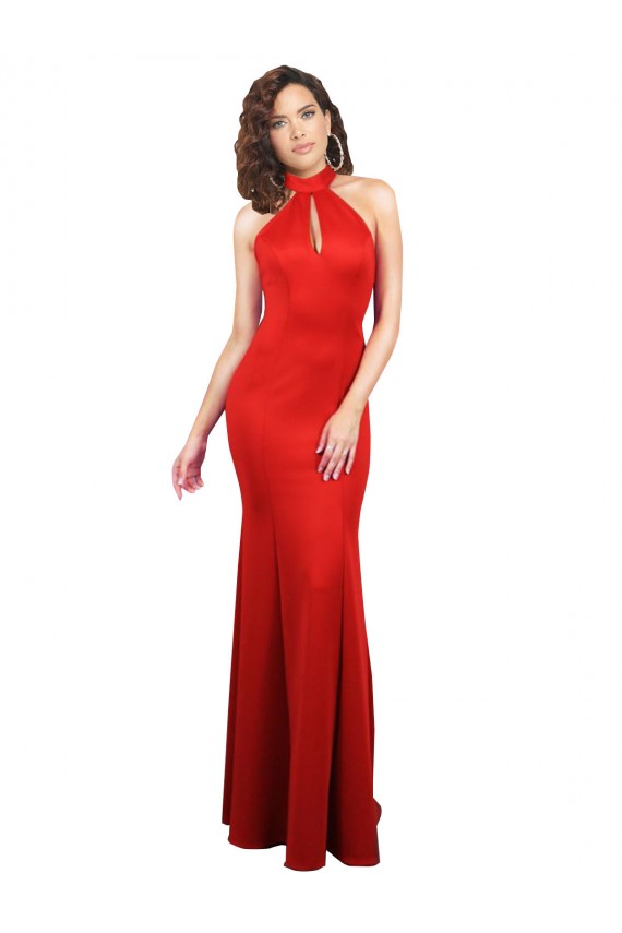 Rojo Sirena Halter Satén elástico Largo Formales Vestidos de dama de honor / Vestidos de fiesta Fábrica