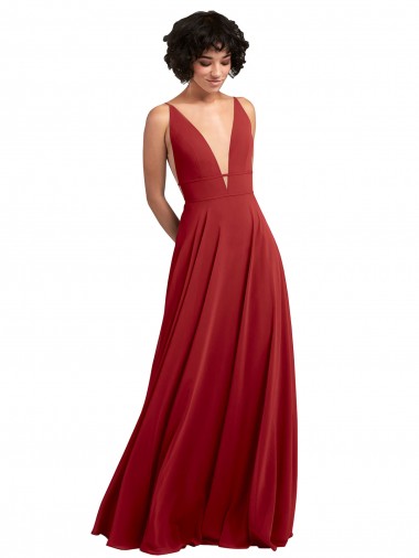 Rojo línea A Cuello en V Gasa Largo Vestidos de dama de honor Fábrica