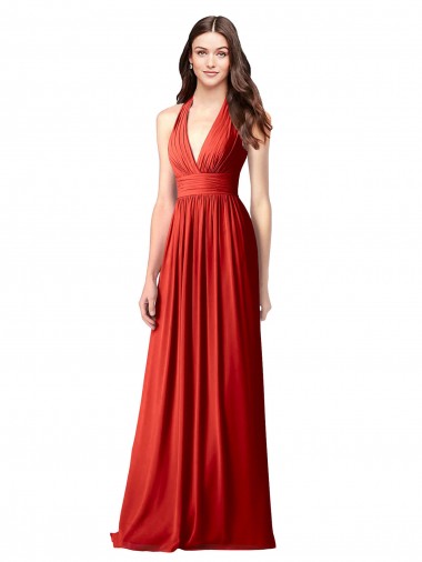 Rojo línea A Halter Cuello en V Gasa Largo Vestidos de dama de honor Fábrica